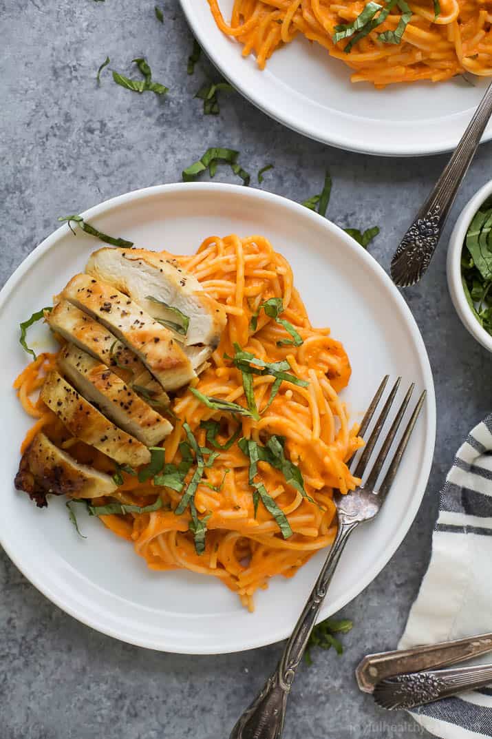 Gluten Free Pasta served with pan seared Chicken and a Creamy Roasted Red Pepper Sauce - made in 30 minutes! This gluten free pasta recipe is easy, comforting and guaranteed to be a family favorite!!