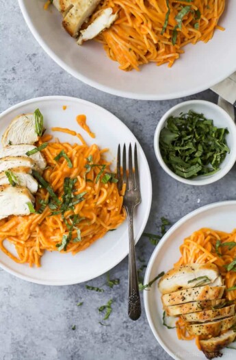 Gluten Free Pasta served with pan seared Chicken and a Creamy Roasted Red Pepper Sauce - made in 30 minutes! This gluten free pasta recipe is easy, comforting and guaranteed to be a family favorite!!