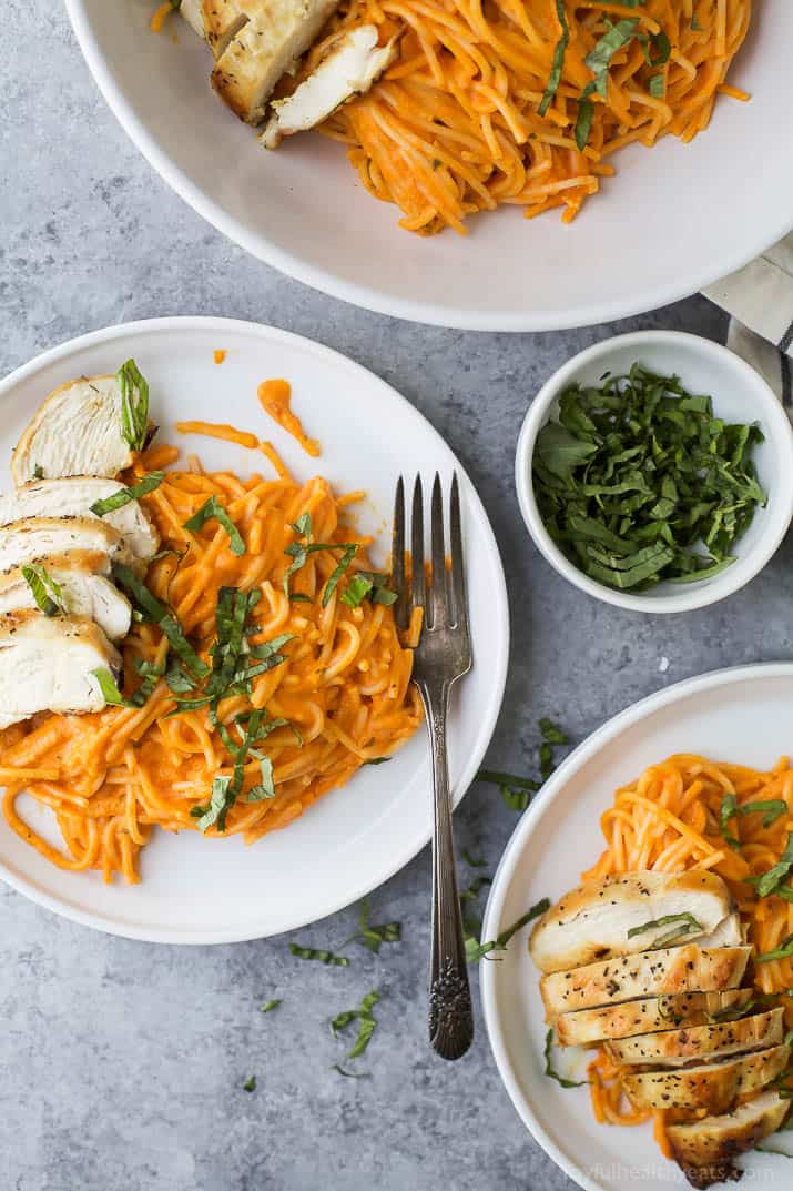 Top view of Gluten Free Pasta served with pan seared Chicken and a Creamy Roasted Red Pepper Sauce on plates