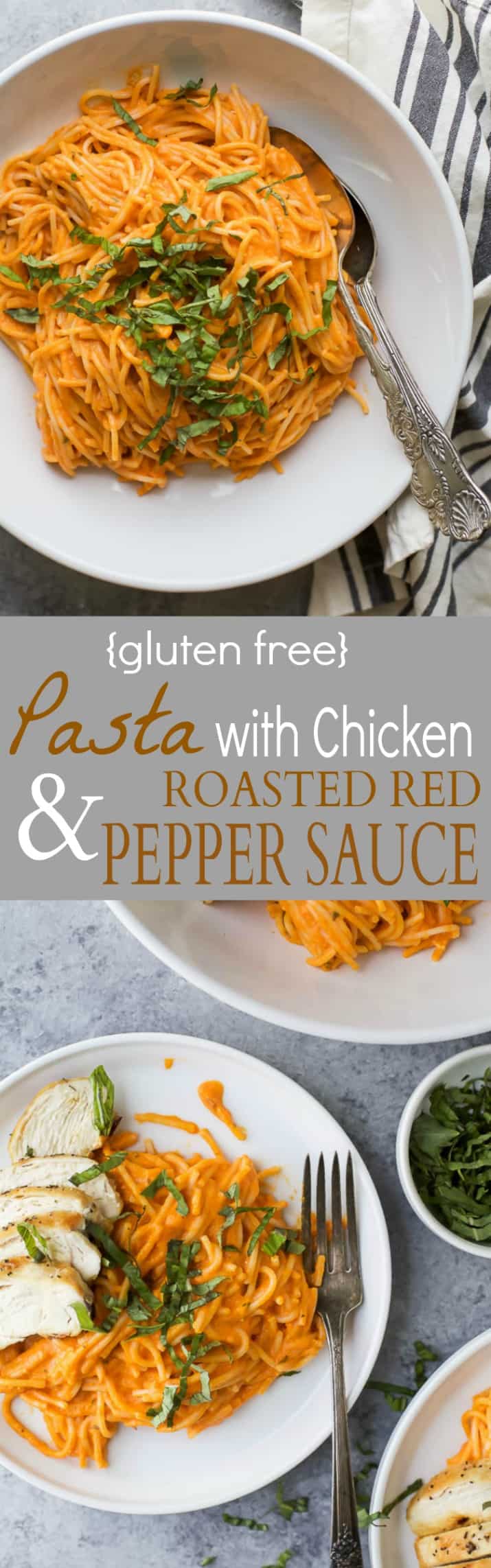 Recipe collage for Gluten Free Pasta with Chicken Roasted Red Pepper Sauce