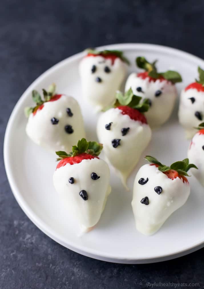 White Chocolate Covered Strawberry Ghosts on a plate