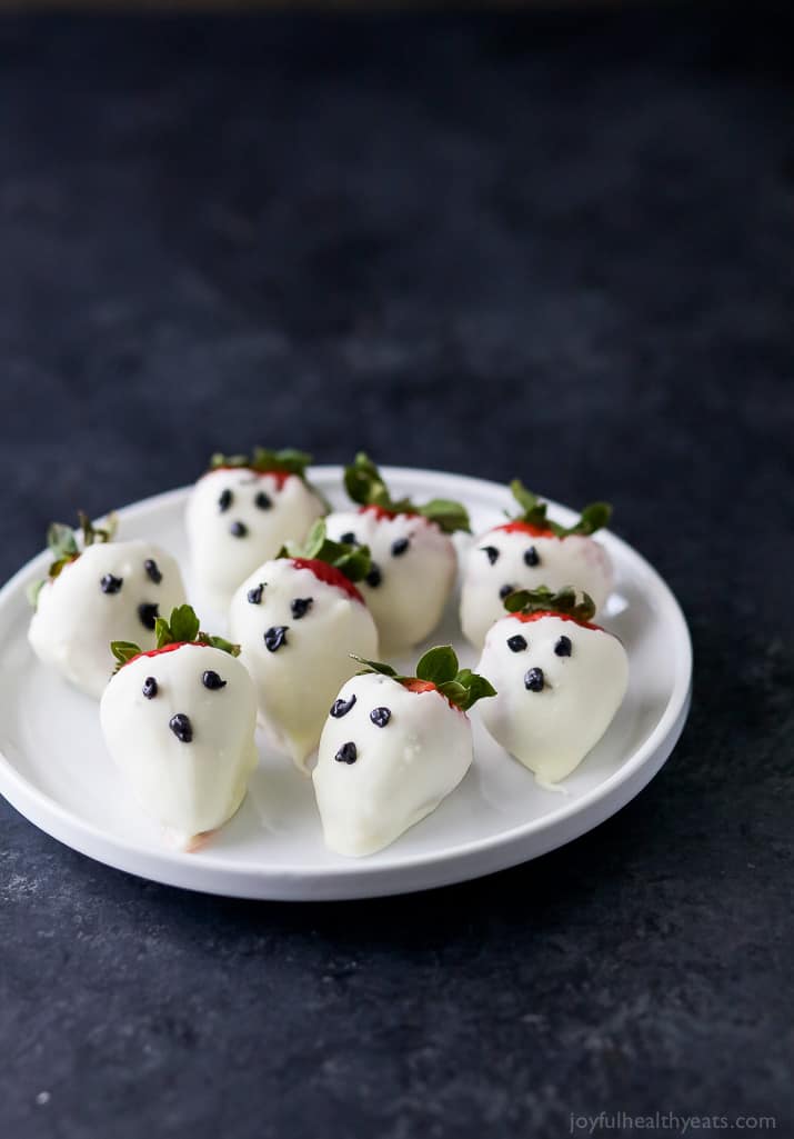 White Chocolate Covered Strawberry Ghosts on a plate