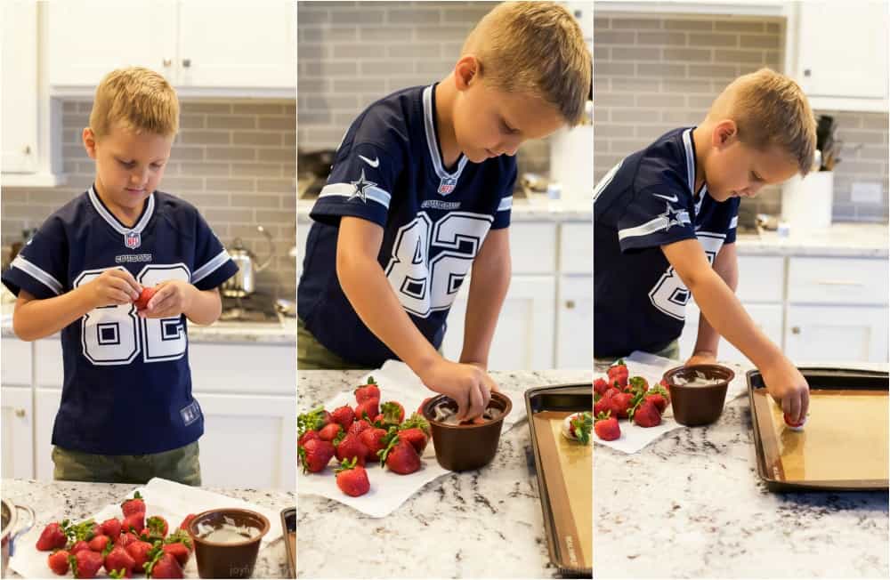 Collage of a young boy dipping strawberries in white chocolate