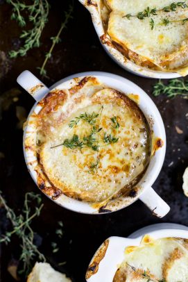 overhead photo of classic french onion soup in a bowl