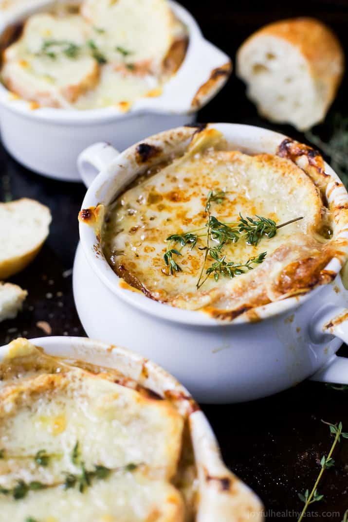 Close up of French Onion Soup with melted cheese on top