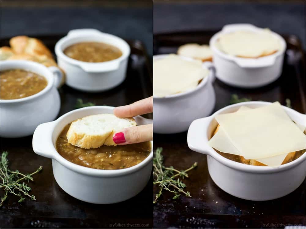 Bread and cheese being placed on top of French Onion Soup in white bowls