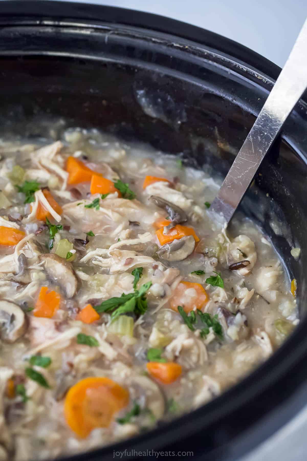 chicken and wild rice soup in a crock pot with a ladle