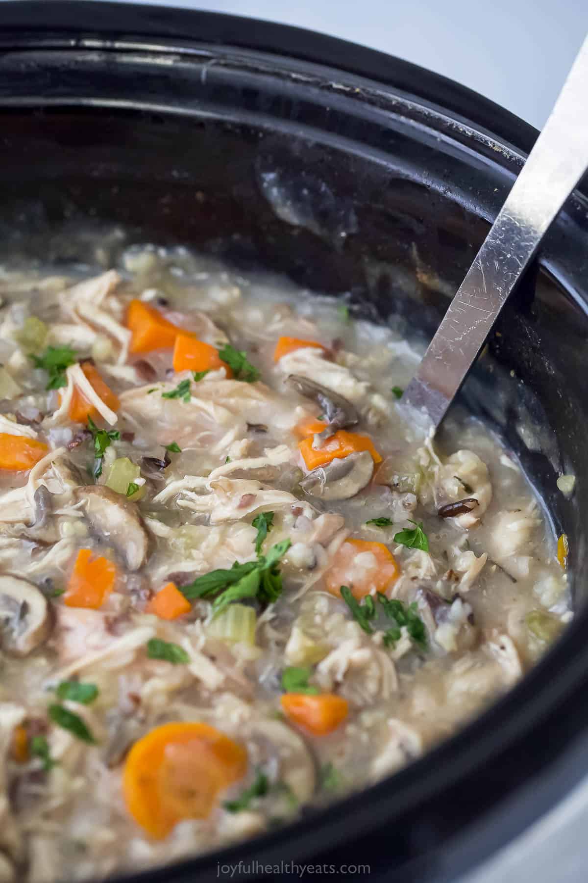 This creamy Crockpot Chicken and Wild Rice Soup is filled with wild rice, tender chicken, and veggies. Only 5 minutes of prep time! chicken and wild rice soup in a crock pot with a ladle