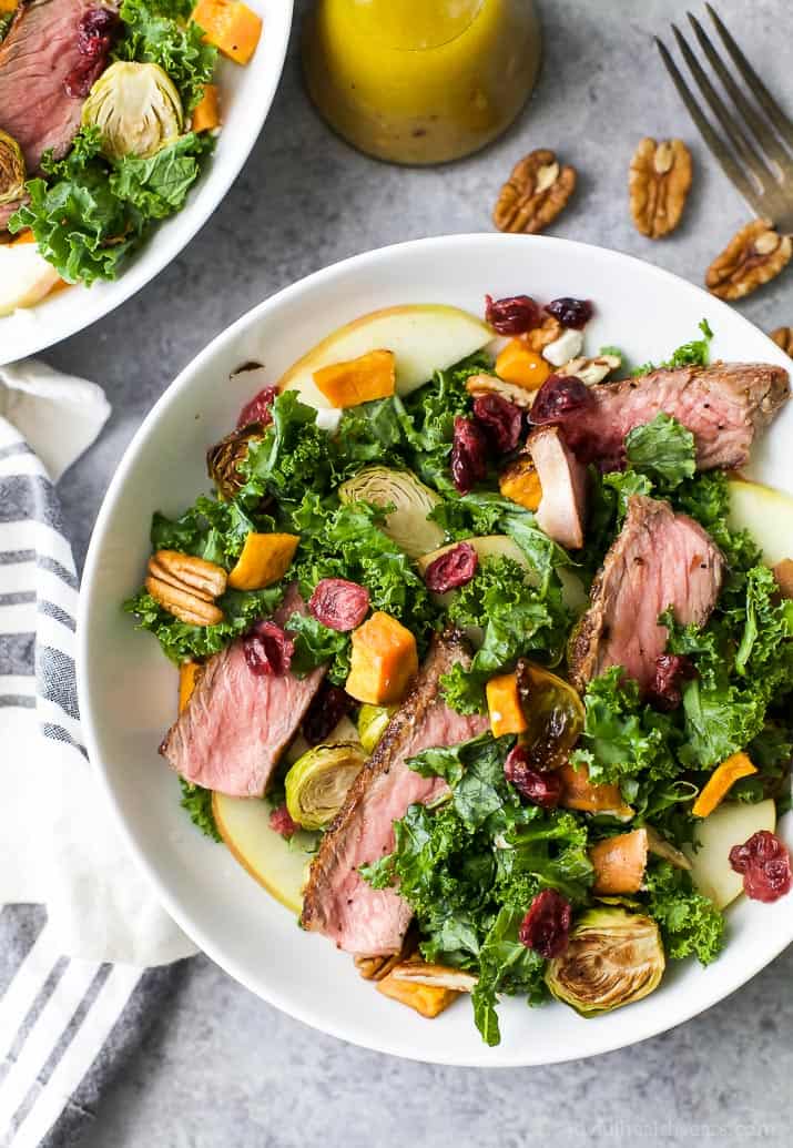 Top view of a bowl of Harvest Steak Salad with autumn vegetables