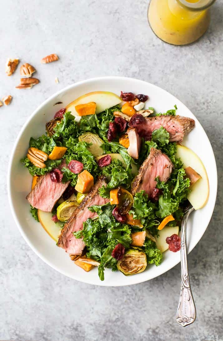 Top view of Harvest Steak Salad with autumn vegetables