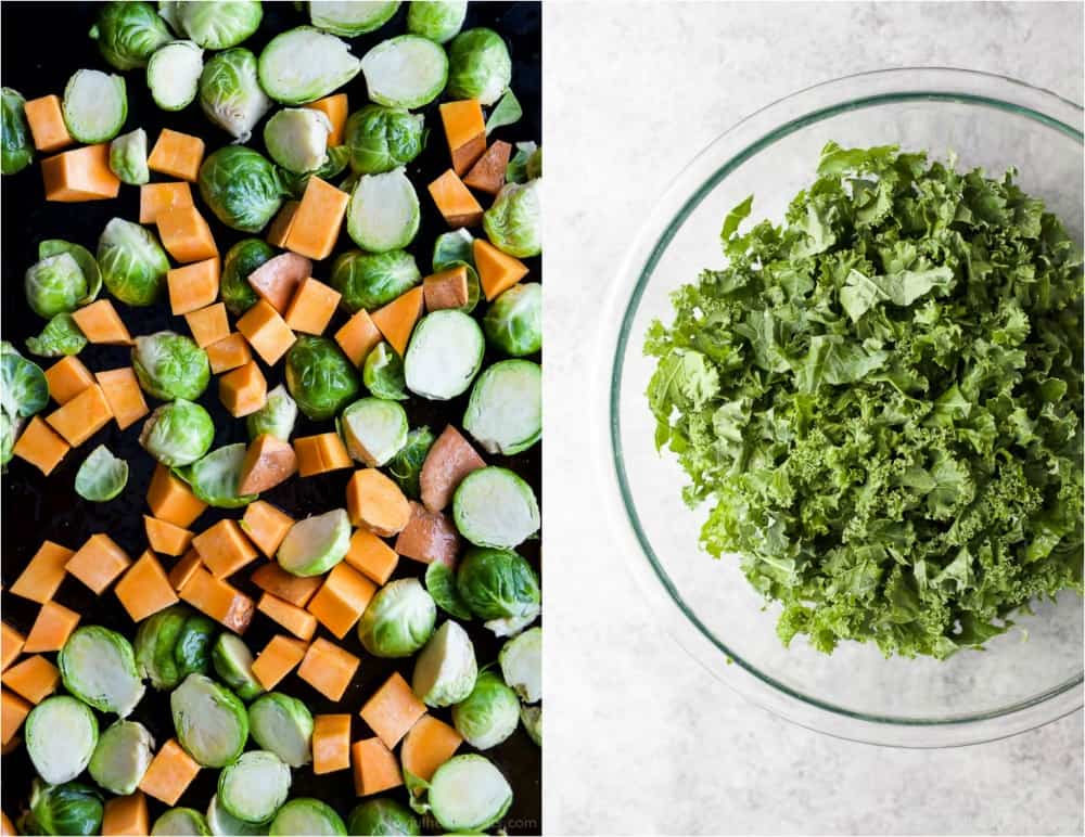 Collage of a roasting pan of vegetables and a bowl of shredded kale