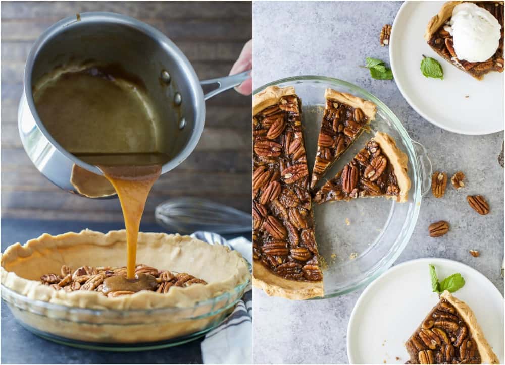 An easy & delicious Homemade Pecan Pie made without corn syrup! The perfect holiday dessert recipe that's sure to please even those Pecan Pie experts!
