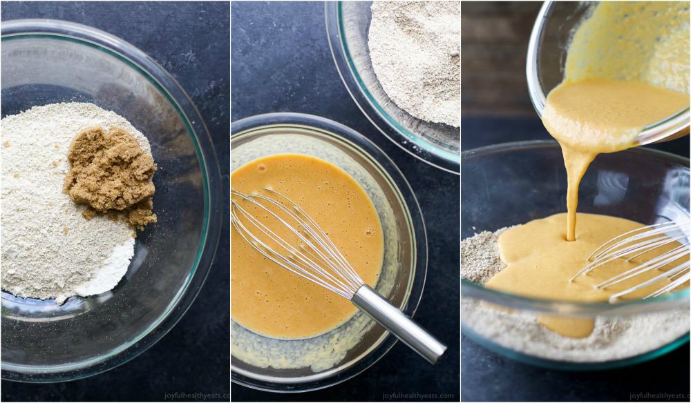 A collage of images of the dry and wet ingredients being combined into one mixture