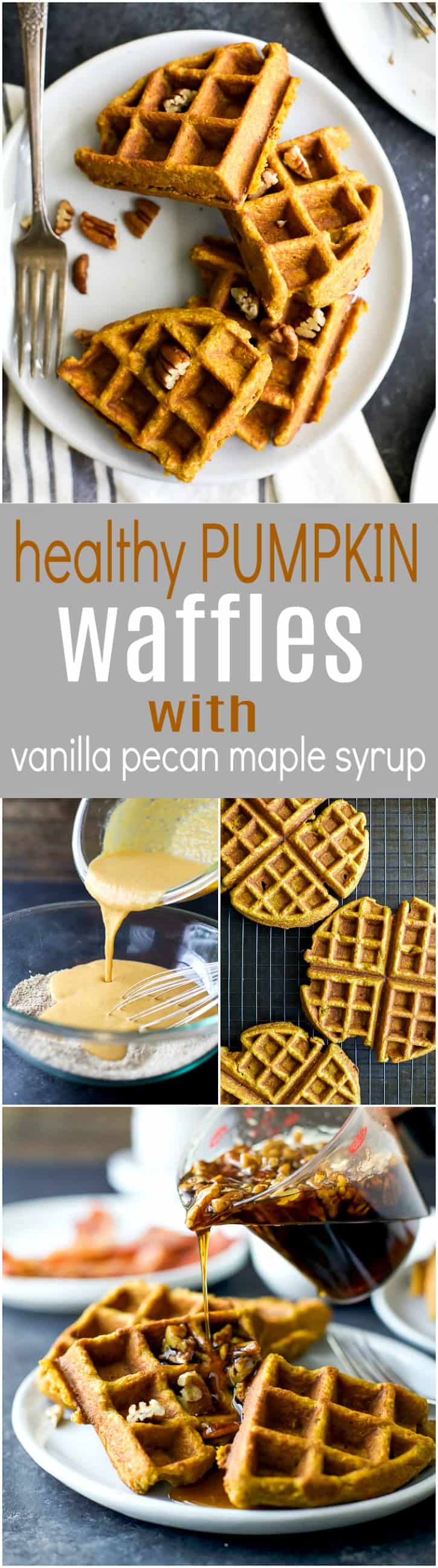 A collage of four images of gluten-free pumpkin waffles, waffle batter and vanilla pecan syrup