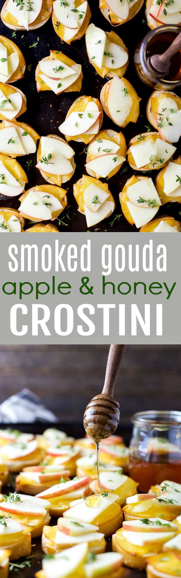 Smoked Gouda & Apple Crostini drizzled with Honey - an easy holiday appetizer with only 5 ingredients! This crostini hits all the high notes - sweet, salty, savory and crunchy! (and freakin delicious)