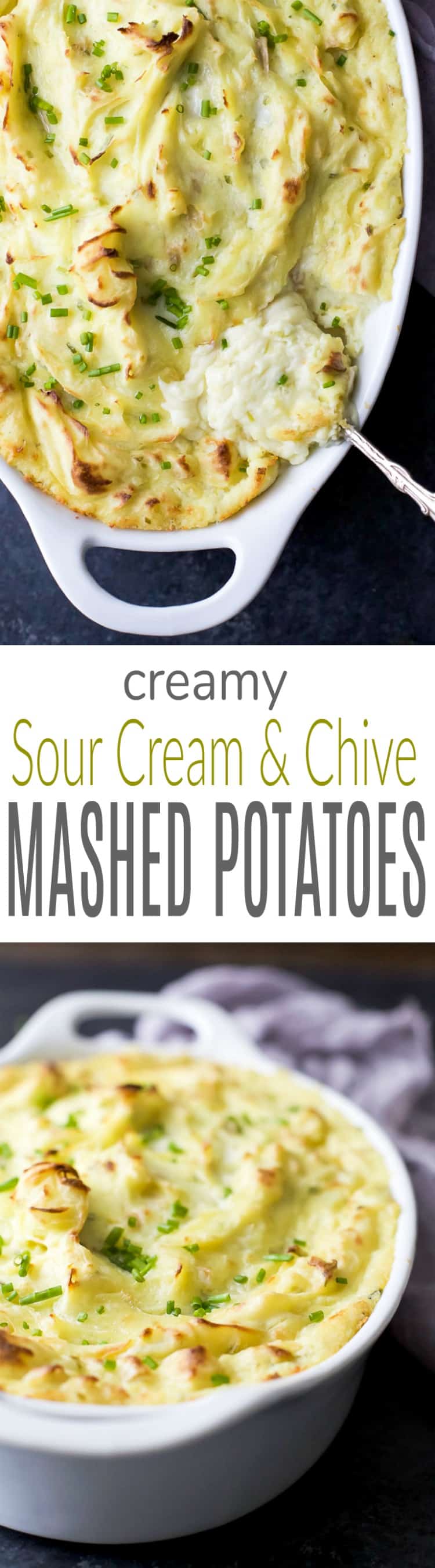 Sour Cream & Chive Mashed Potatoes - creamy, thick and filled with garlic and chive flavor! The perfect mashed potatoes for this holiday season - they are a staple at our house! #ad #UndeniablyDairy @DairyGood