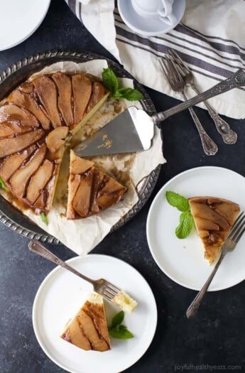 My secret to getting in on that cake and cookie action during the holidays, but still stay waist-friendly and not go into a sugar coma!? SPLENDA® Sugar Blends! I used it in my twist on Spiced Pear Upside Down Cake - you're gonna love this classic upside down cake with half the sugar. Spiced brown sugar pears on top of a moist fluffy vanilla cake! De-lish! #ad @Splenda