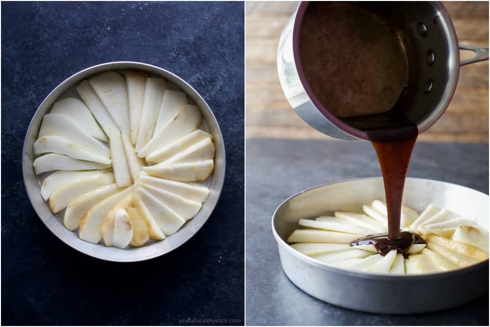 This tender pear upside-down cake recipe with homemade spiced caramel is a fancy-yet-easy dessert for the holidays. Arranged pears in cake pan on the left and poured caramel on the right.