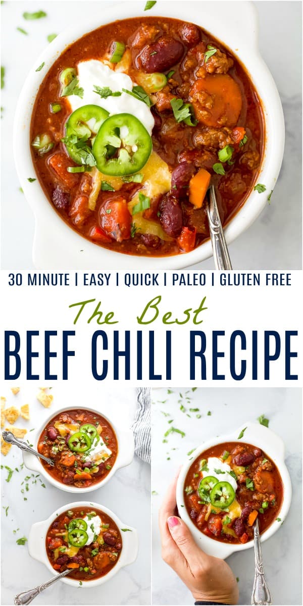 Pinterest image for the best 30 minute beef chili recipe.
