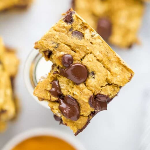 chocolate chip pumpkin bar with a bite taken out