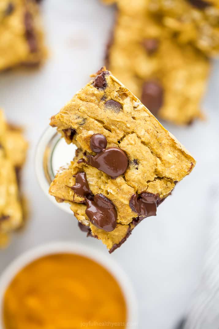 chocolate chip pumpkin bar with a bite taken out