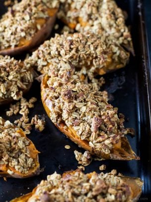 Twice Baked Sweet Potatoes with Oatmeal Pecan Streusel - a healthy alternative to that Sweet Potato Casserole! A perfect gluten free Thanksgiving side dish that's sure to please a crowd!