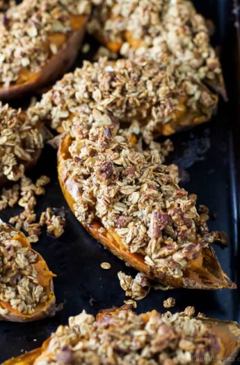 Twice Baked Sweet Potatoes with Oatmeal Pecan Streusel - a healthy alternative to that Sweet Potato Casserole! A perfect gluten free Thanksgiving side dish that's sure to please a crowd!