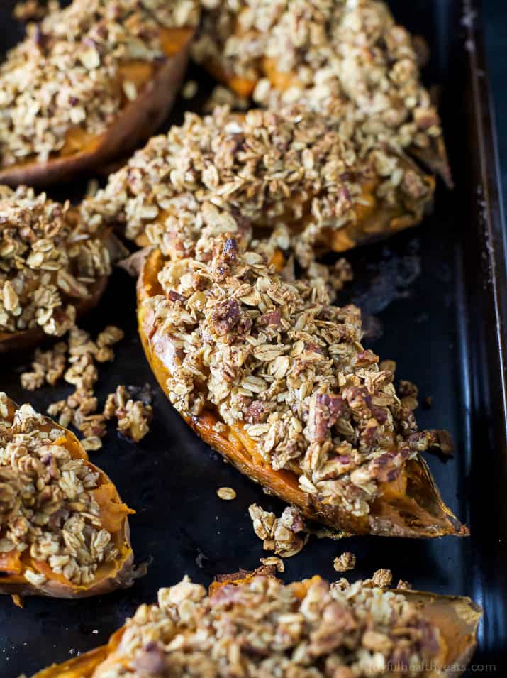 Twice Baked Sweet Potatoes with Oatmeal Pecan Streusel - a healthy alternative to that Sweet Potato C،erole! A perfect gluten free Thanksgiving side dish that's sure to please a crowd!