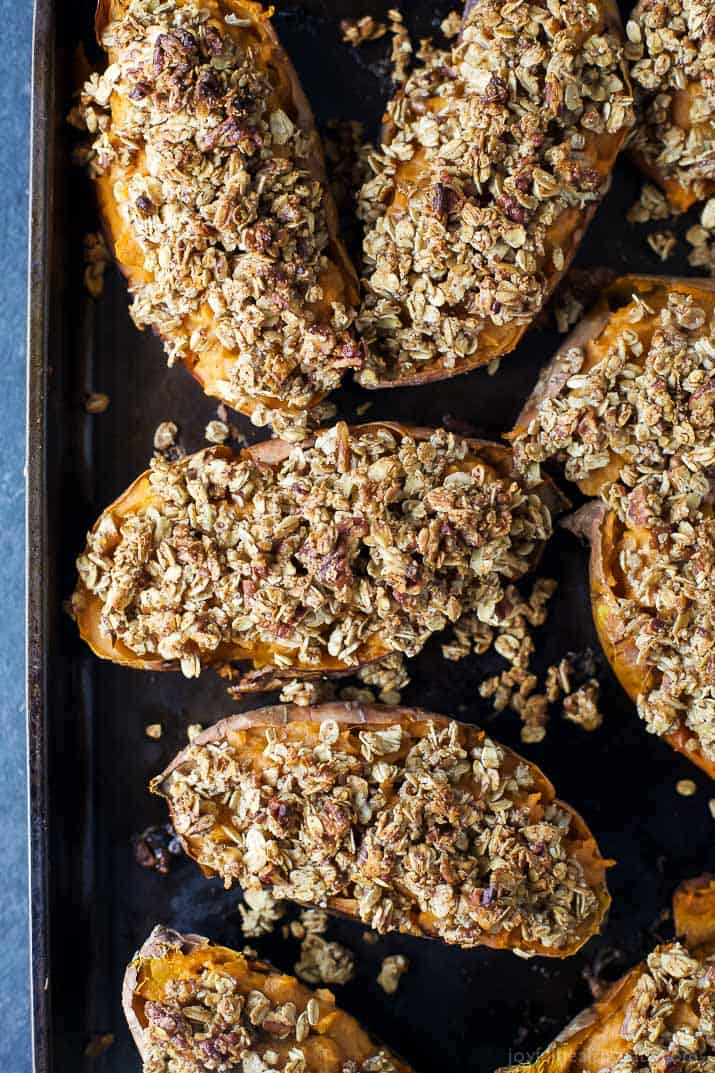 Twice Baked Sweet Potatoes with Oatmeal Pecan Streusel - a healthy alternative to that Sweet Potato Casserole! A perfect gluten free Thanksgiving side dish that's sure to please a crowd!