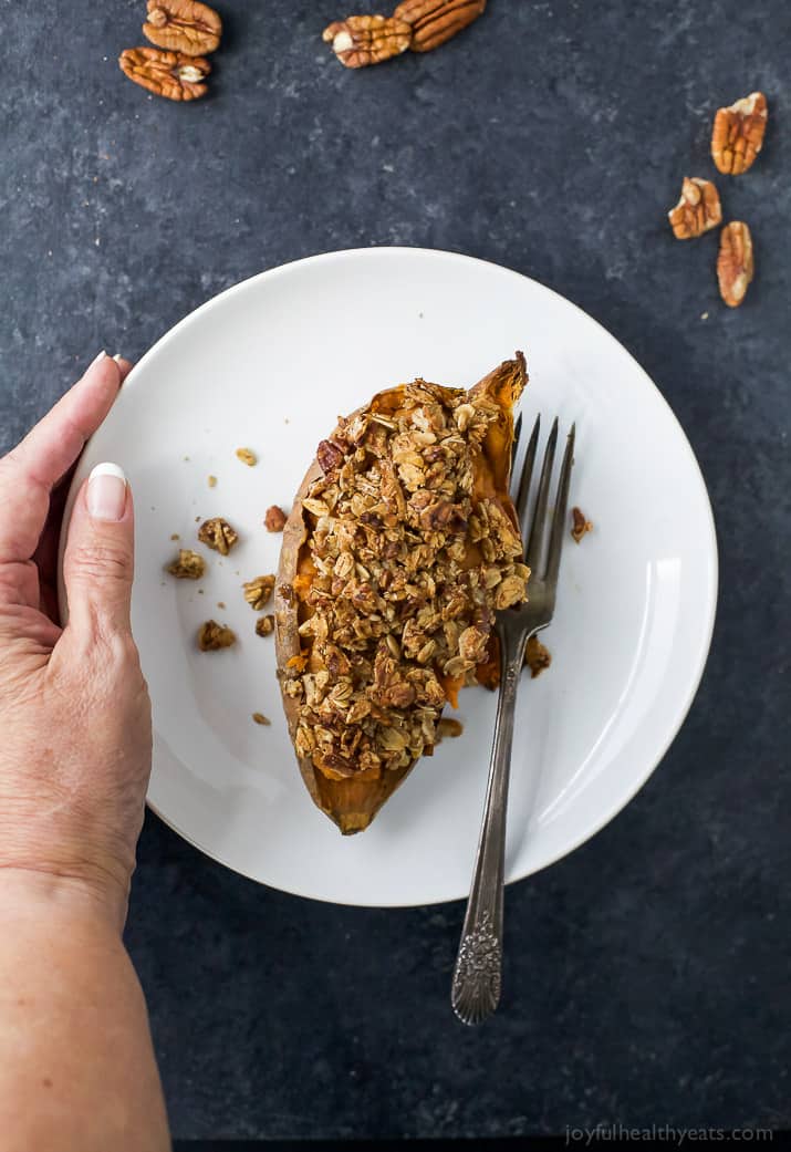 Twice Baked Sweet Potatoes with Oatmeal Pecan Streusel - a healthy alternative to that Sweet Potato Casserole! A perfect gluten free Thanksgiving side dish that's sure to please a crowd!