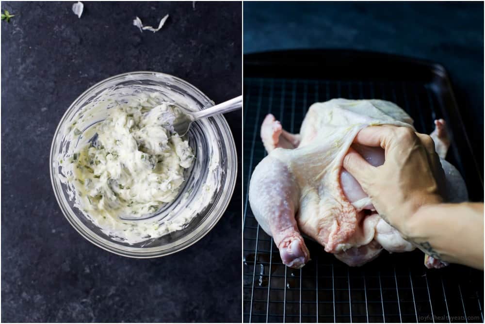 A collage of two photos with garlic herb butter and a whole raw chicken