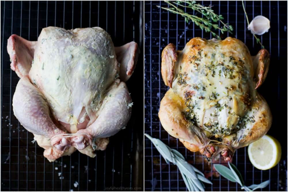 1 Hour Roasted Chicken slathered in a garlic herb butter before and after roasting