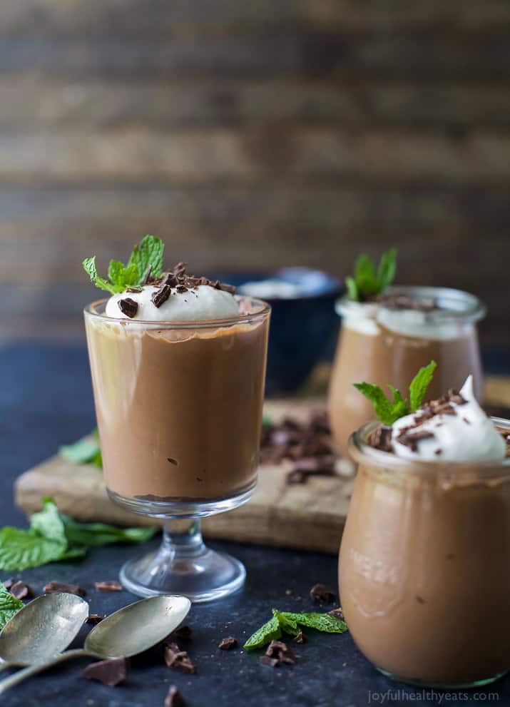 Easy Paleo & Vegan 3 Ingredient Peppermint Chocolate Mousse in dessert glasses