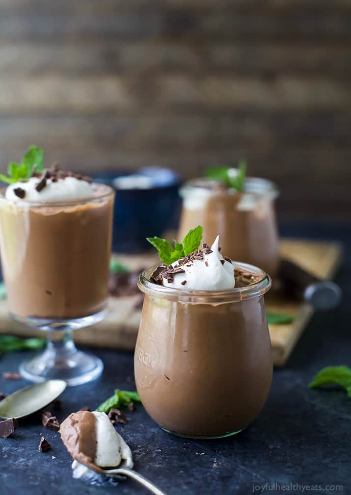 Easy Paleo & Vegan 3 Ingredient Peppermint Chocolate Mousse in dessert glasses