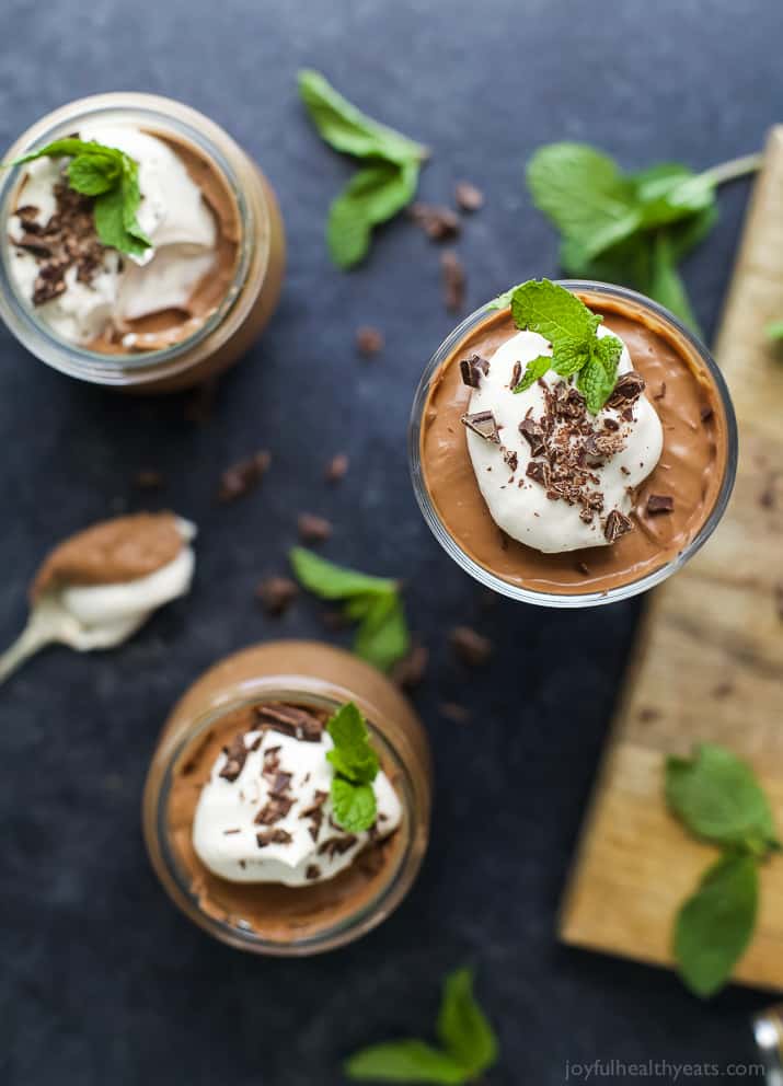 Top view of Vegan 3 Ingredient Peppermint Chocolate Mousse in dessert glasses