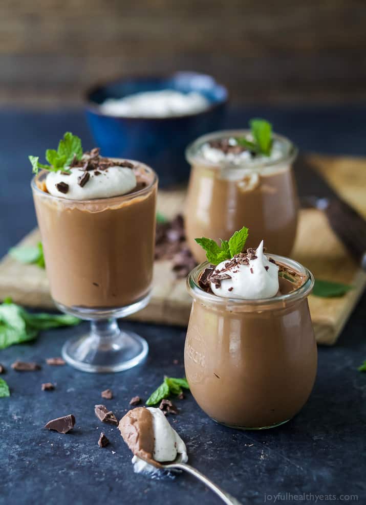 Vegan 3 Ingredient Peppermint Chocolate Mousse in dessert glasses