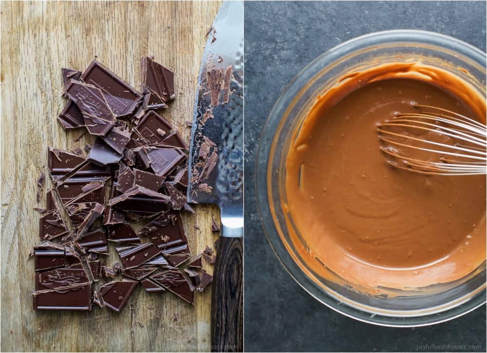 A collage of two photos with chopped chocolate and a bowl of melted chocolate