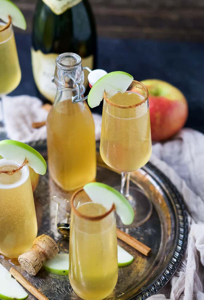 Top view of Apple Cider Mimosas on a serving tray