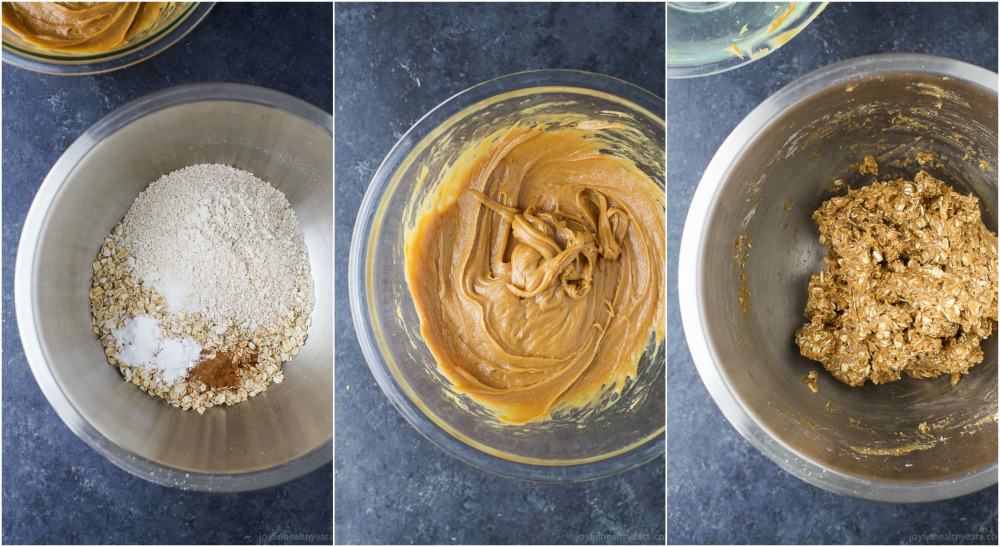 A collage of Healthy Oatmeal Peanut Butter Cookie dough preparation steps