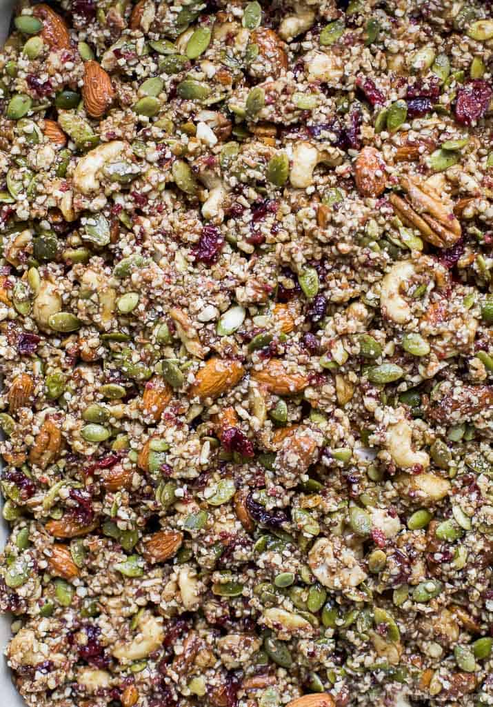 Close-up view of combined ingredients for Cranberry Almond Granola Bars