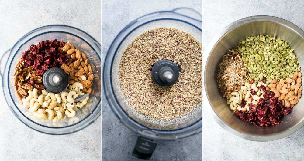 Collage of Ingredients for Cranberry Almond Granola Bars in a food processor and bowl