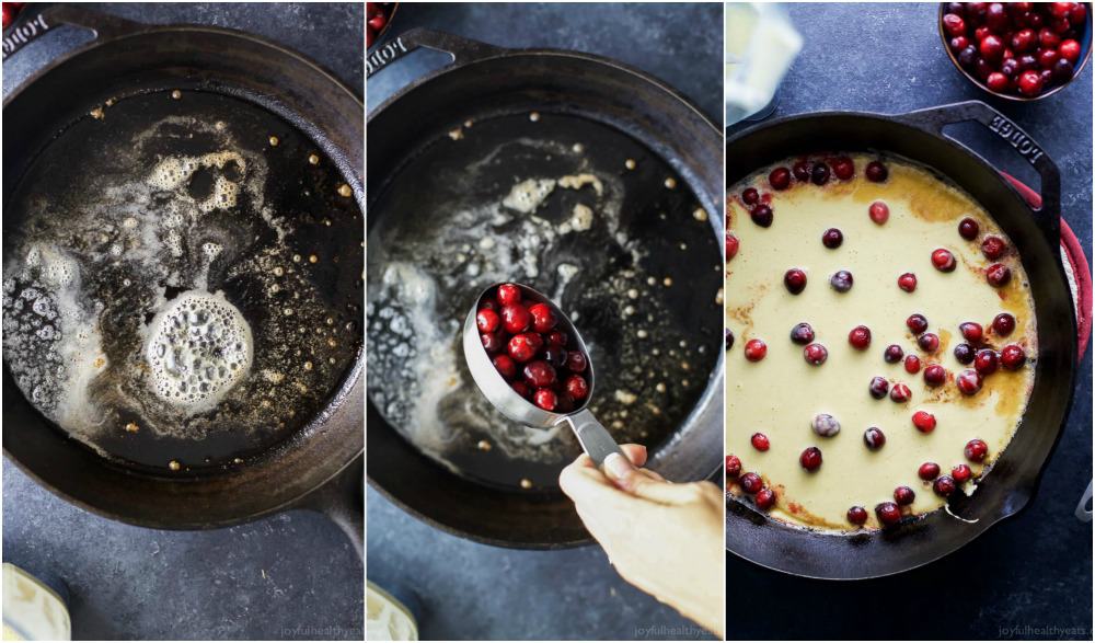 Collage of steps for cooking Cranberry Orange Dutch Baby in a cast-iron skillet