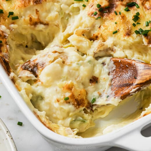 Landscape photo of sour cream and chive mashed potatoes.