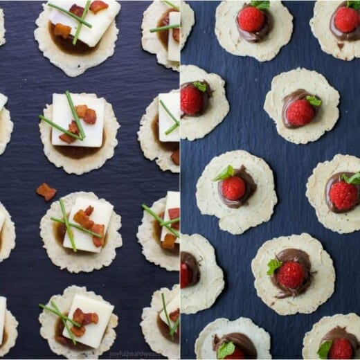 A Pan of Savory Cheddar Bacon Bites Next to a Pan of Sweet Nutella Raspberry Bites