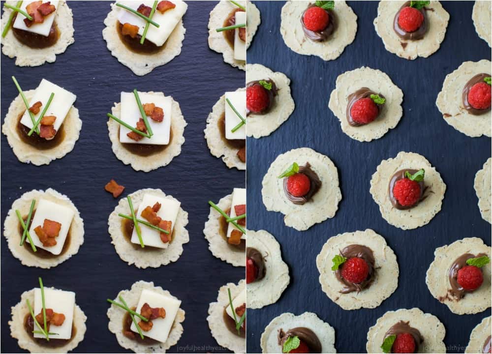 A Pan of Savory Cheddar Bacon Bites Next to a Pan of Sweet Nutella Raspberry Bites