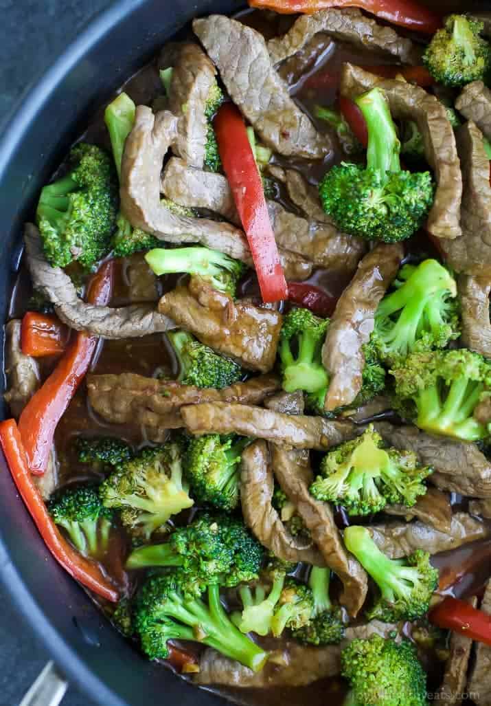 Top view of Easy 20 Minute Beef and Broccoli Stir Fry Recipe in a wok