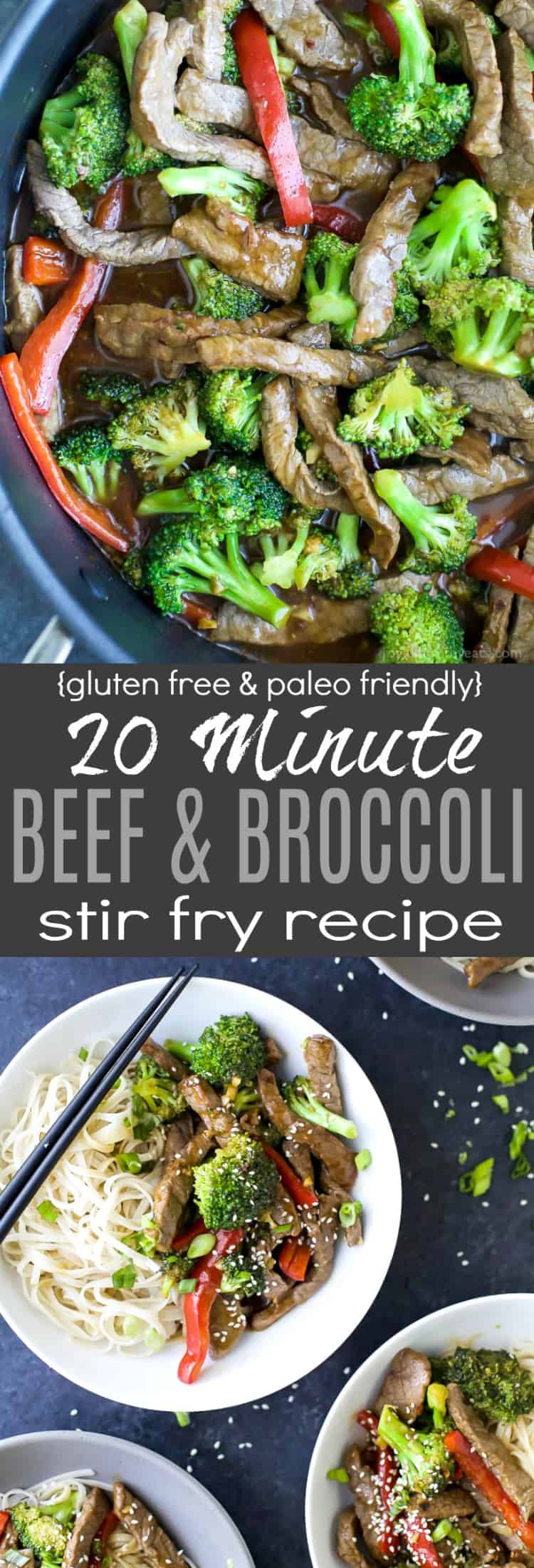 Easy 20 Minute Beef and Broccoli Stir Fry Recipe with tender steak, crunchy veggies and a sweet & spicy sauce you'll love! Forget takeout, this quick gluten free stir fry will be your new go to dinner!