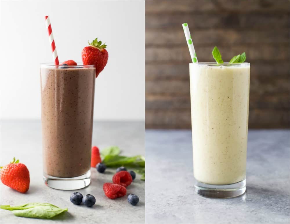 Collage of two smoothies in glasses with a straw