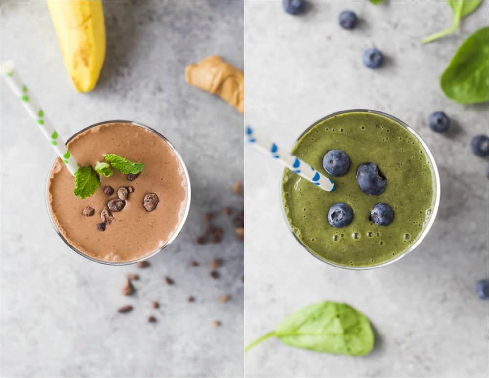 Collage of two images of smoothies in a glass