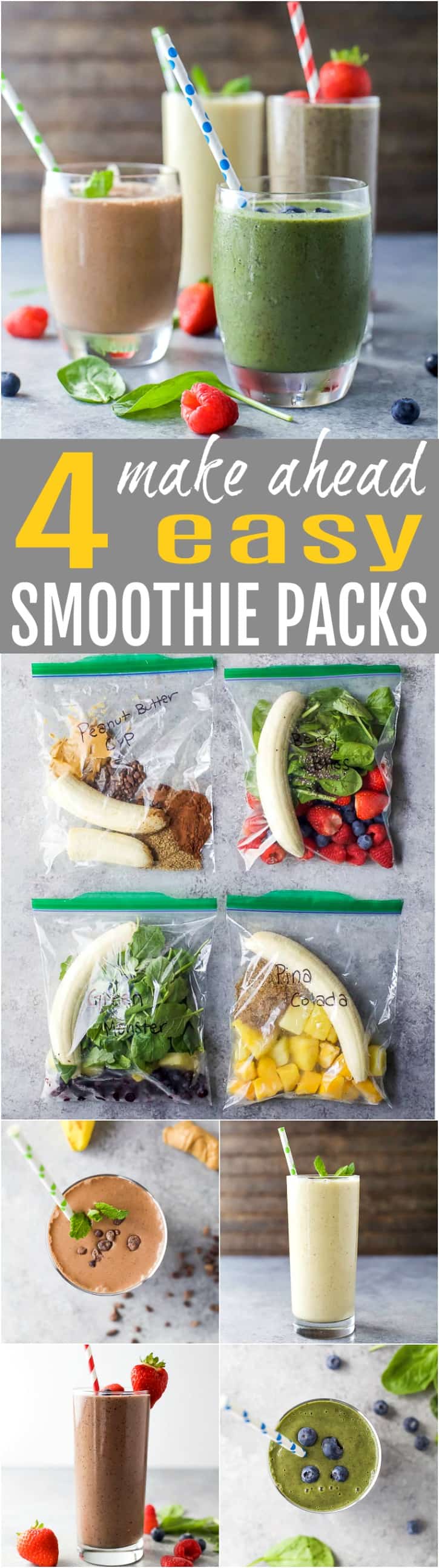 4 Easy Smoothie Packs Recipes that can be made ahead and frozen for quick use! Each smoothie is loaded with nutrients, protein and fiber. Plus are kid approved. These smoothie packs are the perfect start to a healthy new year!